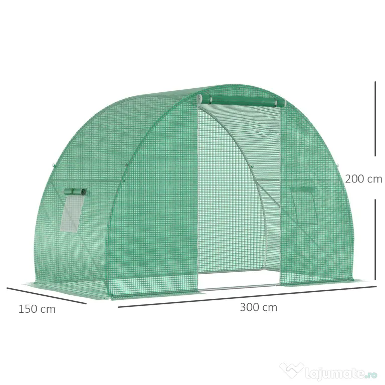 Outsunny Seră Tunel pentru Cultivarea Legumelor și Fructelor, cu Ușă și Ferestre, Copertină PE, Structură Oțel, 150x300x200 cm, Verde | Aosom Romania