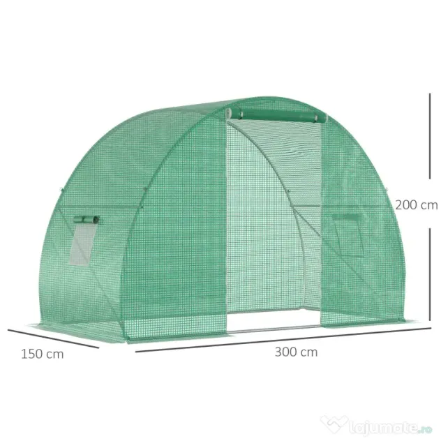 Outsunny Seră Tunel pentru Cultivarea Legumelor și Fructelor, cu Ușă și Ferestre, Copertină PE, Structură Oțel, 150x300x200 cm, Verde | Aosom Romania