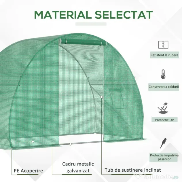 Outsunny Seră Tunel pentru Cultivarea Legumelor și Fructelor, cu Ușă și Ferestre, Copertină PE, Structură Oțel, 150x300x200 cm, Verde | Aosom Romania