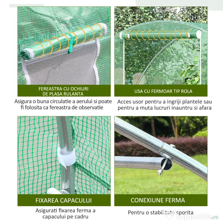 Outsunny Seră Tunel pentru Cultivarea Legumelor și Fructelor, cu Ușă și Ferestre, Copertină PE, Structură Oțel, 150x300x200 cm, Verde | Aosom Romania