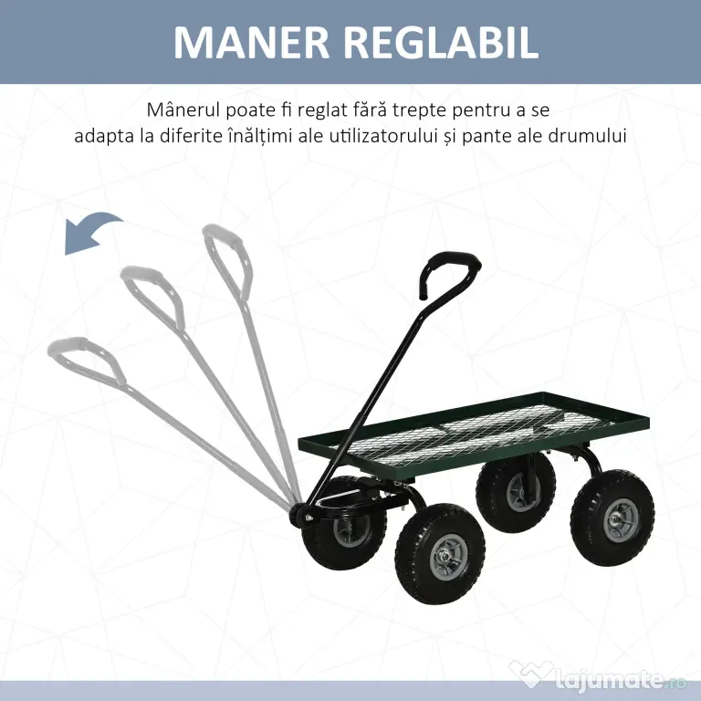 Outsunny Roabă de Grădină cu Mâner și 4 Roți Mari, Capacitate 150 kg, 94x48,5x100 cm, Verde | Aosom Romania