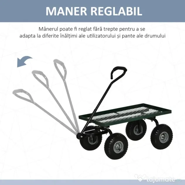 Outsunny Roabă de Grădină cu Mâner și 4 Roți Mari, Capacitate 150 kg, 94x48,5x100 cm, Verde | Aosom Romania