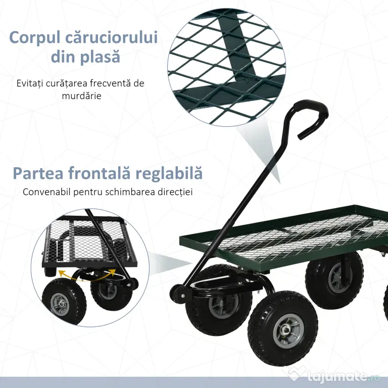 Outsunny Roabă de Grădină cu Mâner și 4 Roți Mari, Capacitate 150 kg, 94x48,5x100 cm, Verde | Aosom Romania