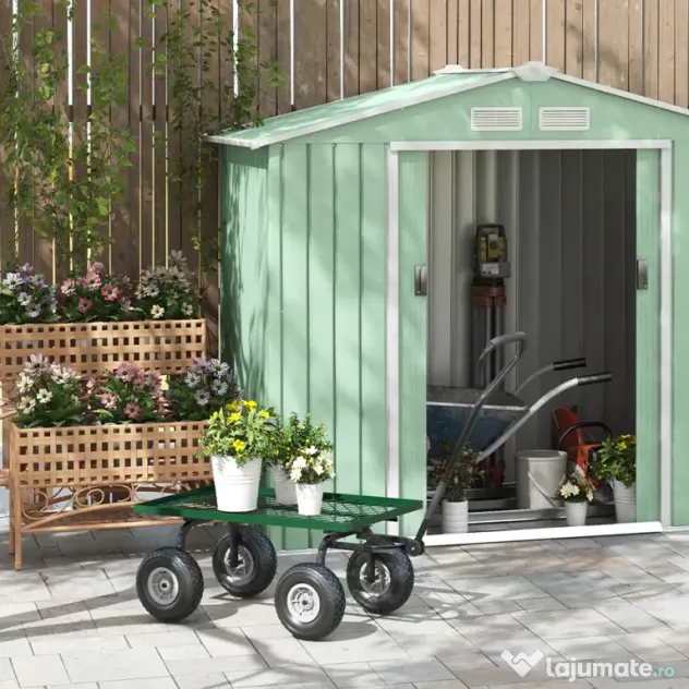 Outsunny Roabă de Grădină cu Mâner și 4 Roți Mari, Capacitate 150 kg, 94x48,5x100 cm, Verde | Aosom Romania