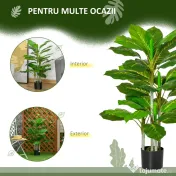 HOMCOM Plantă Artificială cu 33 de Frunze pentru Uz Interior și Exterior cu Ghiveci, Plantă Falsă în PEVA, PE și Ciment, 95 cm, Verde 