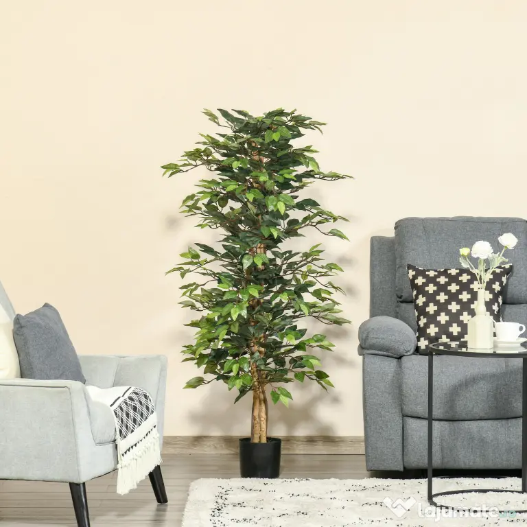 HOMCOM Plantă Ficus Falsă, Plantă Înaltă de 150cm, Plantă Artificială Decorativă pentru Interior și Exterior, Ø17x14.5 cm, Verde