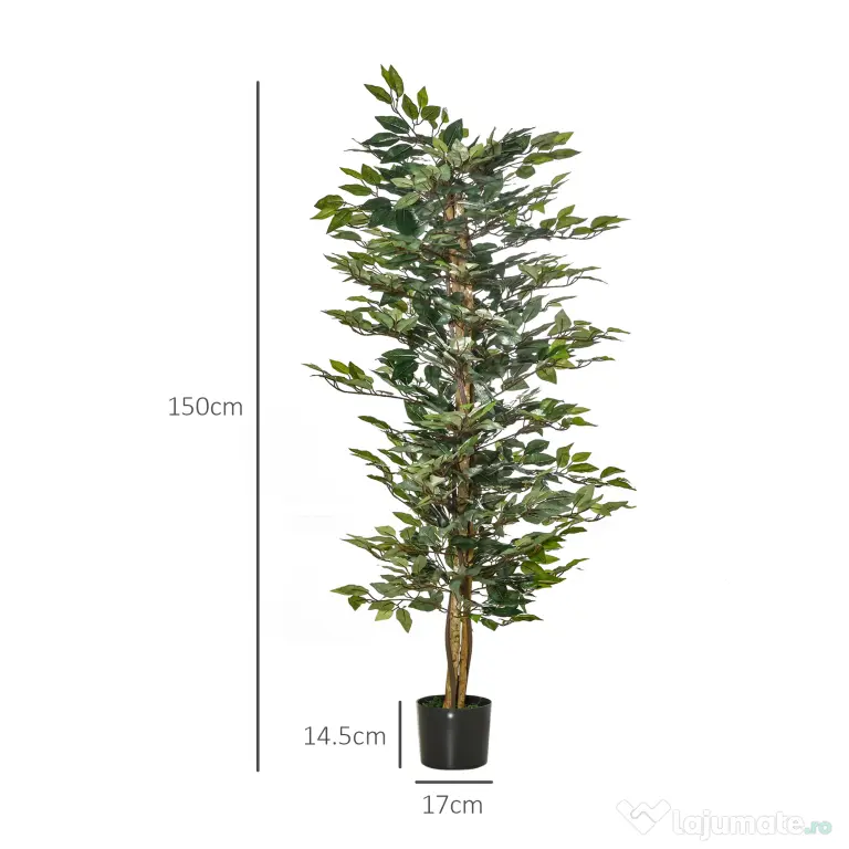 HOMCOM Plantă Ficus Falsă, Plantă Înaltă de 150cm, Plantă Artificială Decorativă pentru Interior și Exterior, Ø17x14.5 cm, Verde