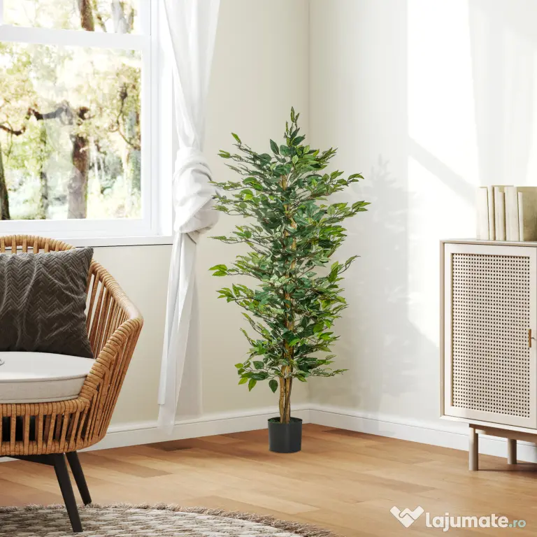 HOMCOM Plantă Ficus Falsă, Plantă Înaltă de 150cm, Plantă Artificială Decorativă pentru Interior și Exterior, Ø17x14.5 cm, Verde