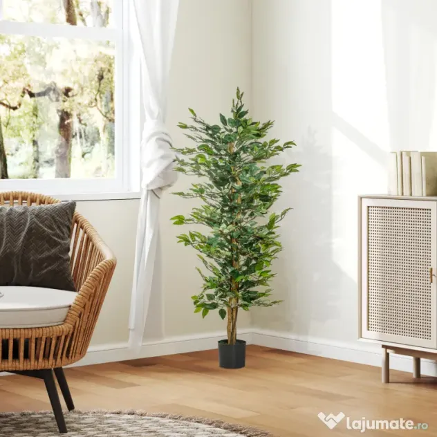 HOMCOM Plantă Ficus Falsă, Plantă Înaltă de 150cm, Plantă Artificială Decorativă pentru Interior și Exterior, Ø17x14.5 cm, Verde