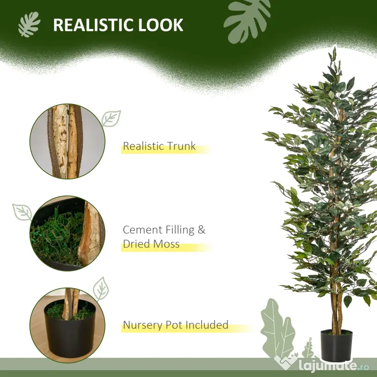 HOMCOM Plantă Ficus Falsă, Plantă Înaltă de 150cm, Plantă Artificială Decorativă pentru Interior și Exterior, Ø17x14.5 cm, Verde