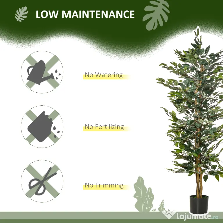 HOMCOM Plantă Ficus Falsă, Plantă Înaltă de 150cm, Plantă Artificială Decorativă pentru Interior și Exterior, Ø17x14.5 cm, Verde