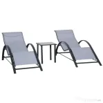 Outsunny Set de 2 șezlonguri și măsuță cu blat din sticlă, 59x169x66 cm, gri deschis