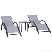 Outsunny Set de 2 șezlonguri și măsuță cu blat din sticlă, 59x169x66 cm, gri deschis