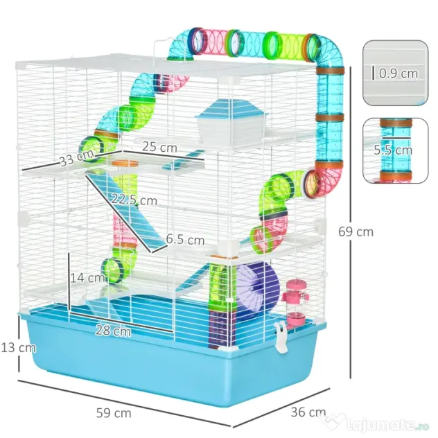Cusca pentru hamsteri PawHut, refugiu pe 5 niveluri, 59cmx36cmx69cm | Aosom Romania