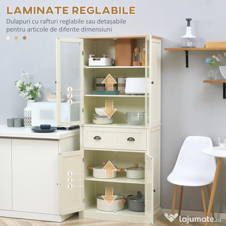 Bufet Independent HOMCOM pentru Bucatarie, Dulap Depozitare 5 Nivele cu Rafturi Sertar, Design Modern, Alb-Crem | Aosom Romania