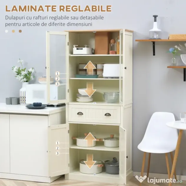 Bufet Independent HOMCOM pentru Bucatarie, Dulap Depozitare 5 Nivele cu Rafturi Sertar, Design Modern, Alb-Crem | Aosom Romania