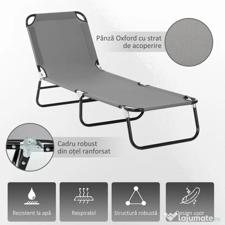 Outsunny Șezlong Pliabil cu Spătar Reglabil în 5 Poziții, Scaun de Grădină cu Material Respirable Oxford, Ideal pentru Plajă, Piscină, Grădină, 188x56x28 cm, Gri | Aosom Romania