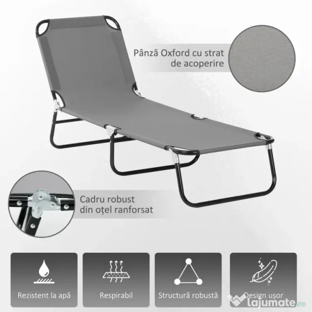 Outsunny Șezlong Pliabil cu Spătar Reglabil în 5 Poziții, Scaun de Grădină cu Material Respirable Oxford, Ideal pentru Plajă, Piscină, Grădină, 188x56x28 cm, Gri | Aosom Romania