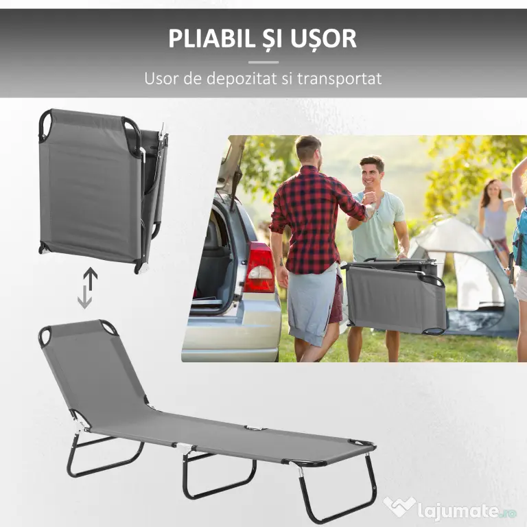 Outsunny Șezlong Pliabil cu Spătar Reglabil în 5 Poziții, Scaun de Grădină cu Material Respirable Oxford, Ideal pentru Plajă, Piscină, Grădină, 188x56x28 cm, Gri | Aosom Romania