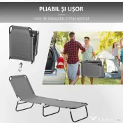 Outsunny Șezlong Pliabil cu Spătar Reglabil în 5 Poziții, Șezlong de Grădină cu Material Respirabil din Țesătură Oxford, pentru Plajă, Piscină, Grădină, 188x56x28 cm, Gri 