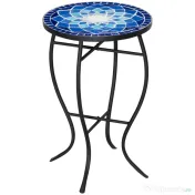 Masuta de Gradina Rotunda din Metal Outsunny cu Blat din Ceramica, Ф35,5x53,5 cm, Albastru si Alb 