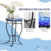 Masuta de Gradina Rotunda din Metal Outsunny cu Blat din Ceramica, Ф35,5x53,5 cm, Albastru si Alb 