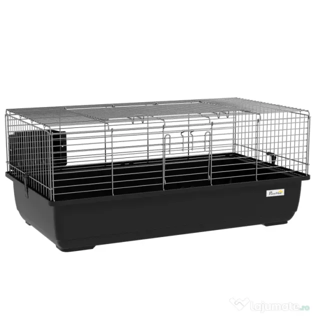 PawHut Cușcă pentru Iepuri cu 2 Deschideri și Tavă Detașabilă, Cușcă pentru Rozatoare din Metal și Plastic, 100x55x41 cm, Negru | Aosom Romania