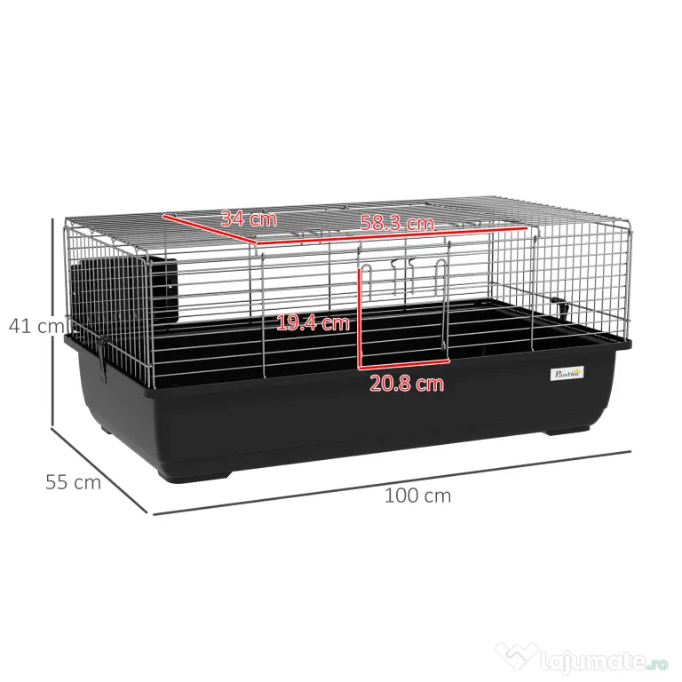 PawHut Cușcă pentru Iepuri cu 2 Deschideri și Tavă Detașabilă, Cușcă pentru Rozatoare din Metal și Plastic, 100x55x41 cm, Negru | Aosom Romania