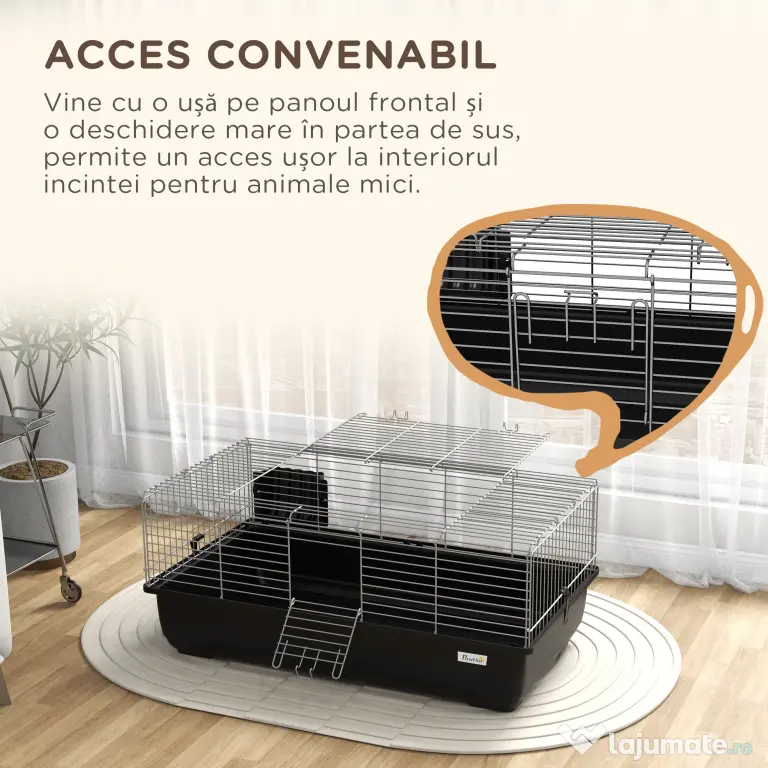 PawHut Cușcă pentru Iepuri cu 2 Deschideri și Tavă Detașabilă, Cușcă pentru Rozatoare din Metal și Plastic, 100x55x41 cm, Negru | Aosom Romania