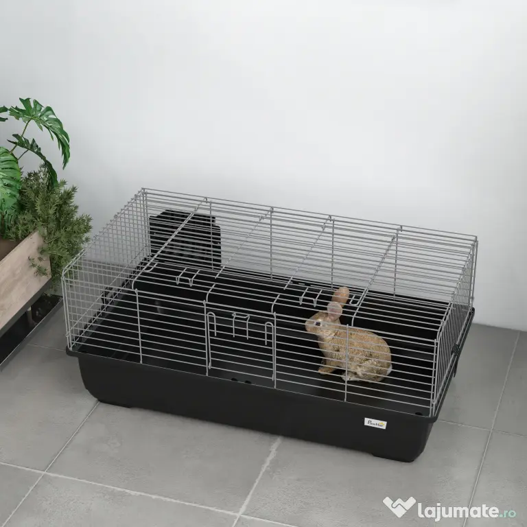 PawHut Cușcă pentru Iepuri cu 2 Deschideri și Tavă Detașabilă, Cușcă pentru Rozatoare din Metal și Plastic, 100x55x41 cm, Negru | Aosom Romania