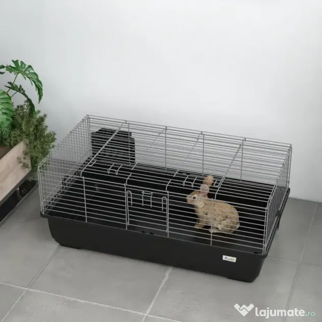 PawHut Cușcă pentru Iepuri cu 2 Deschideri și Tavă Detașabilă, Cușcă pentru Rozatoare din Metal și Plastic, 100x55x41 cm, Negru | Aosom Romania