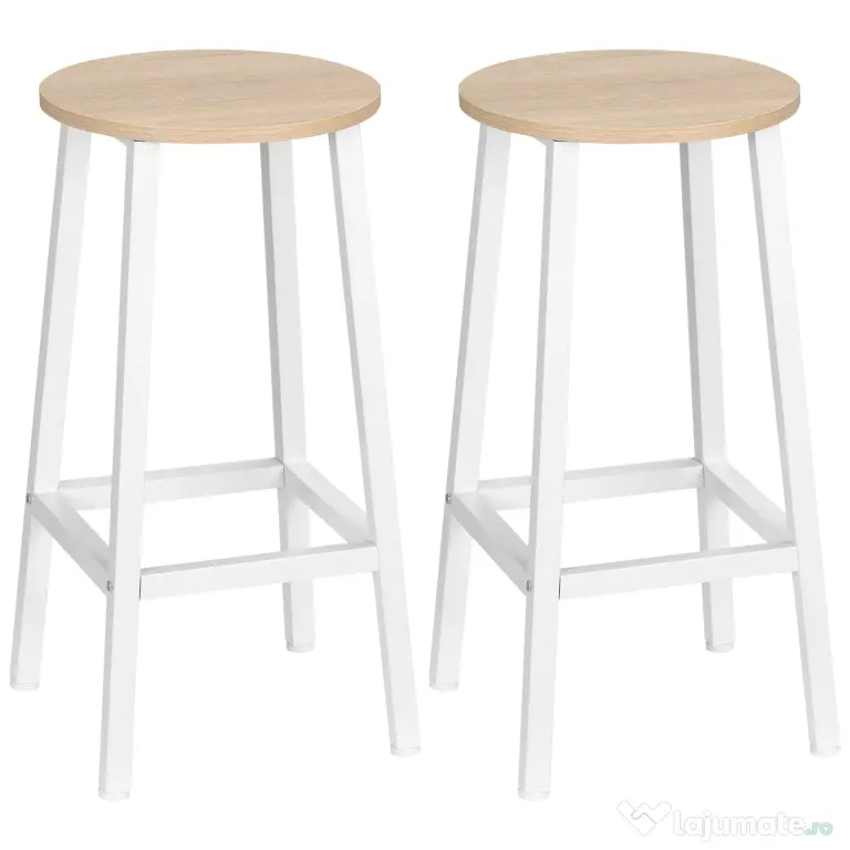 Set 2 scaune de bar HOMCOM, de bucatarie cu suport pentru picioare, alb natural | Aosom Romania