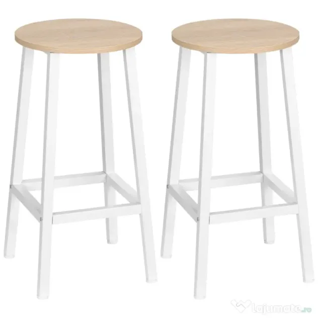 Set 2 scaune de bar HOMCOM, de bucatarie cu suport pentru picioare, alb natural | Aosom Romania