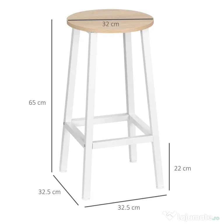 Set 2 scaune de bar HOMCOM, de bucatarie cu suport pentru picioare, alb natural | Aosom Romania