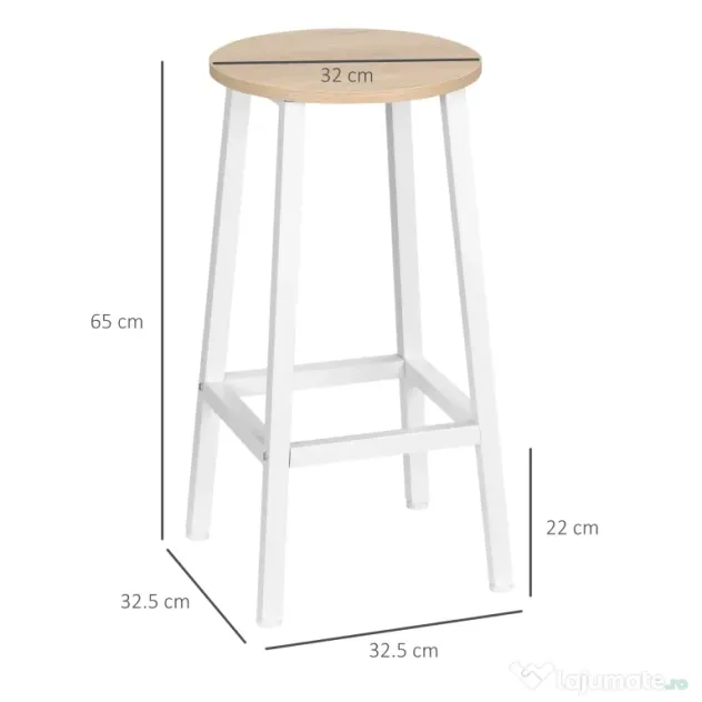 Set 2 scaune de bar HOMCOM, de bucatarie cu suport pentru picioare, alb natural | Aosom Romania