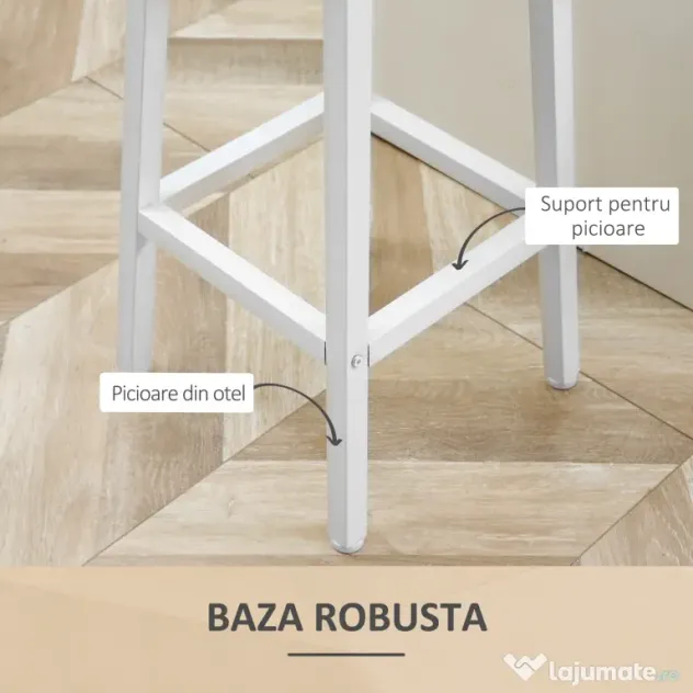 Set 2 scaune de bar HOMCOM, de bucatarie cu suport pentru picioare, alb natural | Aosom Romania