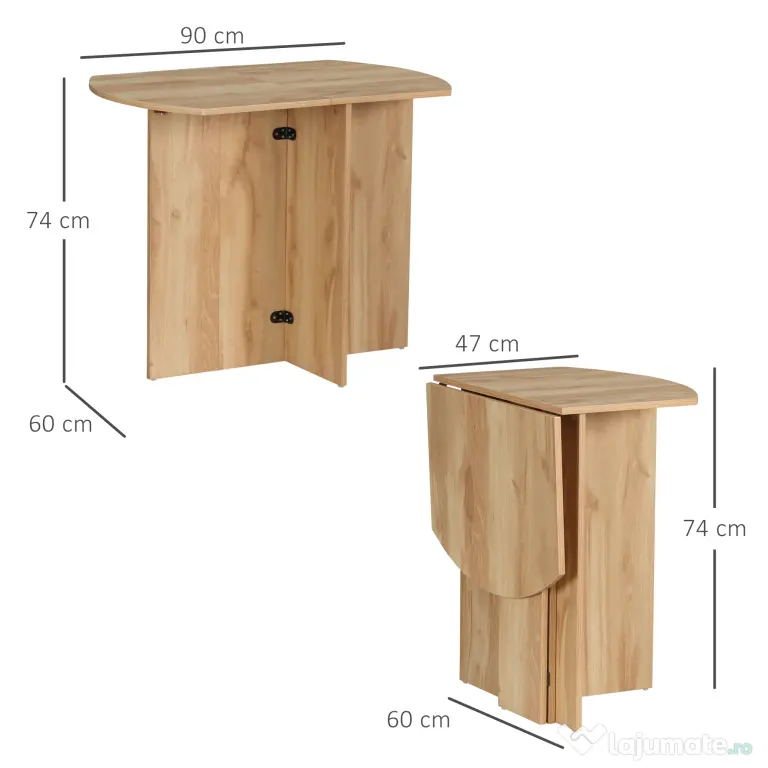 Masa pliabila HOMCOM pentru economisirea spatiului din lemn, pliabila, usor de curatat, PAL 90x60x74cm, stejar | Aosom Romania