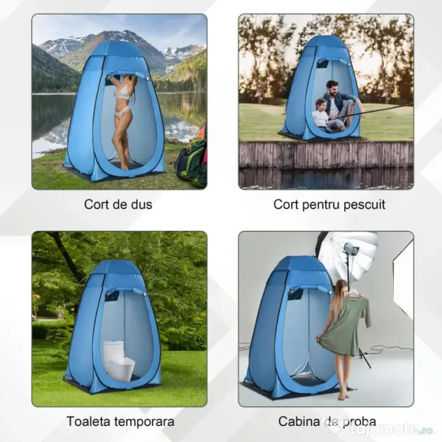 Outsunny Cort de Duș pentru Camping cu Ușă cu Fermoar, Geantă de Transport și Buzunar, 126x124x189 cm, Albastru | Aosom Romania