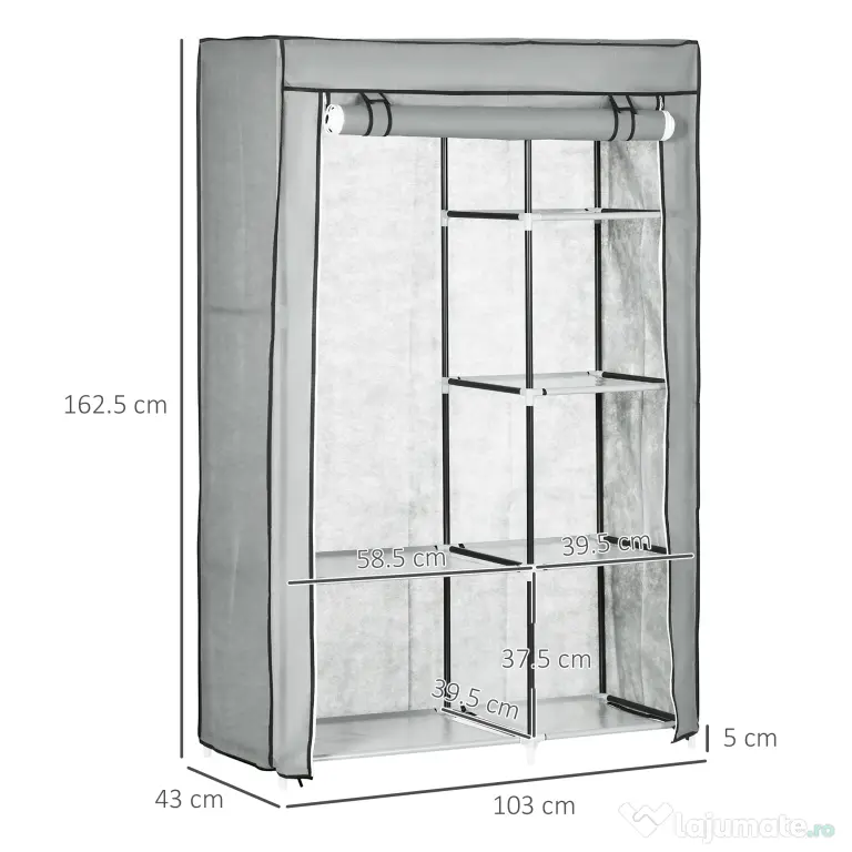 HOMCOM Dulap Modular din Oțel și PP, Organizator cu 6 Rafturi Deschise, 1 Cuier și Ușă, 103x43x162.5 cm, Gri | Aosom Romania