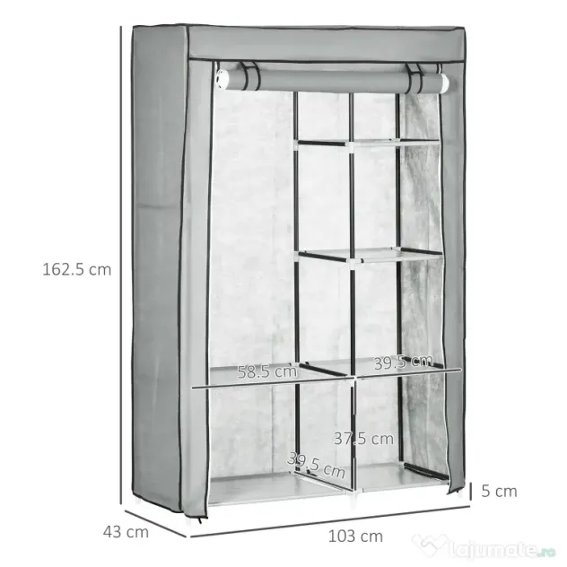 HOMCOM Dulap Modular din Oțel și PP, Organizator cu 6 Rafturi Deschise, 1 Cuier și Ușă, 103x43x162.5 cm, Gri | Aosom Romania