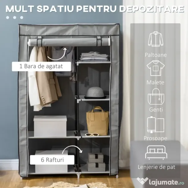 HOMCOM Dulap Modular din Oțel și PP, Organizator cu 6 Rafturi Deschise, 1 Cuier și Ușă, 103x43x162.5 cm, Gri | Aosom Romania