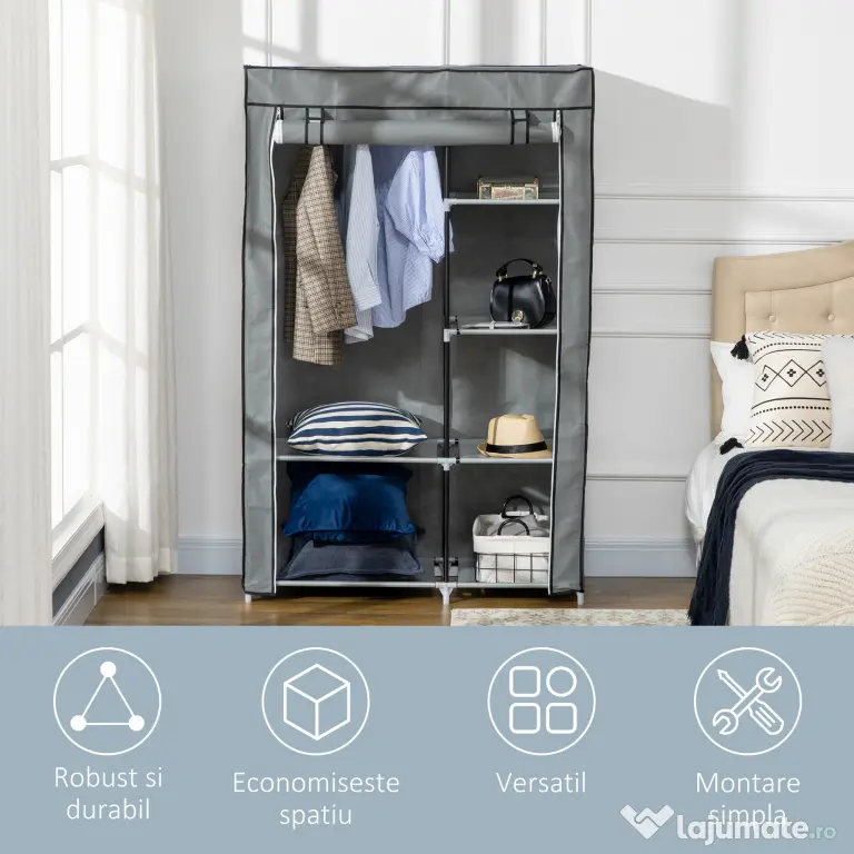 HOMCOM Dulap Modular din Oțel și PP, Organizator cu 6 Rafturi Deschise, 1 Cuier și Ușă, 103x43x162.5 cm, Gri | Aosom Romania