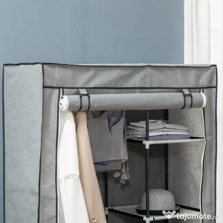 HOMCOM Dulap Modular din Oțel și PP, Organizator cu 6 Rafturi Deschise, 1 Cuier și Ușă, 103x43x162.5 cm, Gri | Aosom Romania