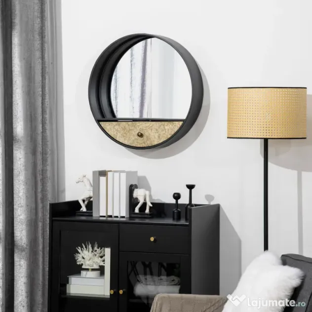 HOMCOM Oglinda de perete rotunda Ø61cm, oglinda decorativa cu sertar si cadru din metal si MDF, negru
