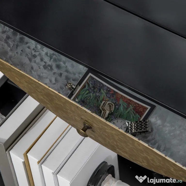 HOMCOM Oglinda de perete rotunda Ø61cm, oglinda decorativa cu sertar si cadru din metal si MDF, negru
