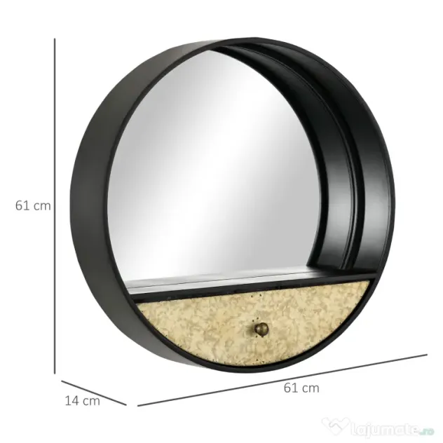 HOMCOM Oglindă Decorativă Rotundă cu Sertar, Cadru Metal și MDF, Ø61cm, Negru, pentru Living și Dormitor | Aosom Romania