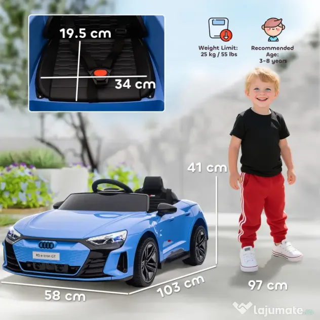 HOMCOM Mașinuta Electrica Copii cu Motor Dublu Mașină Electrică 12V 4,5Ah Suportă până la 25 kg 103x58x41 cm Albastră | Aosom Romania