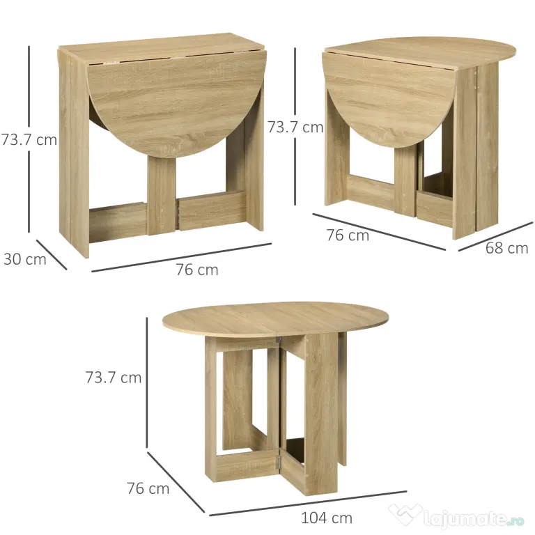 HOMCOM Masă Pliantă cu 2 Extensii Rabatabile, Masă Extensibilă cu Spațiu de Economisire, 104x76x73,7 cm, Lemn Natural | Aosom Romania