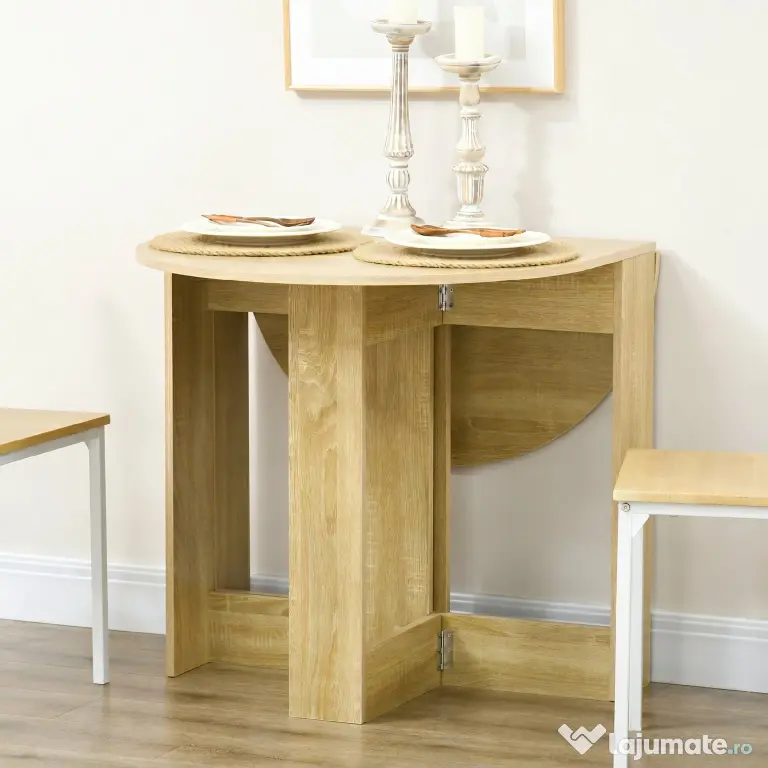 HOMCOM Masă Pliantă cu 2 Extensii Rabatabile, Masă Extensibilă cu Spațiu de Economisire, 104x76x73,7 cm, Lemn Natural | Aosom Romania