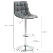 HOMCOM Set de 2 scaune de bar din piele cu spatar, scaune pivotante pentru bucatarie si sufragerie cu suport pentru picioare, 42x45x89-110cm, gri 